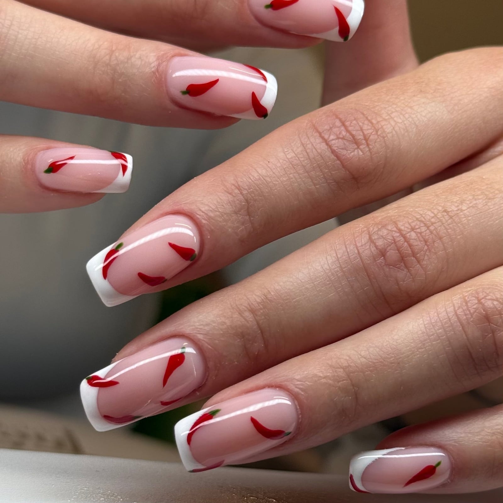 French Square Nails with Red Pepper Art — Best Gel Nails