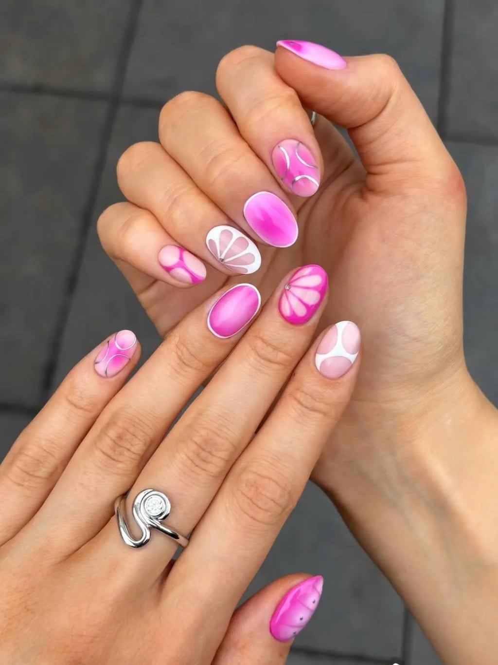 Abstract Floral Geometric Medium Oval Nails — Best Gel Nails