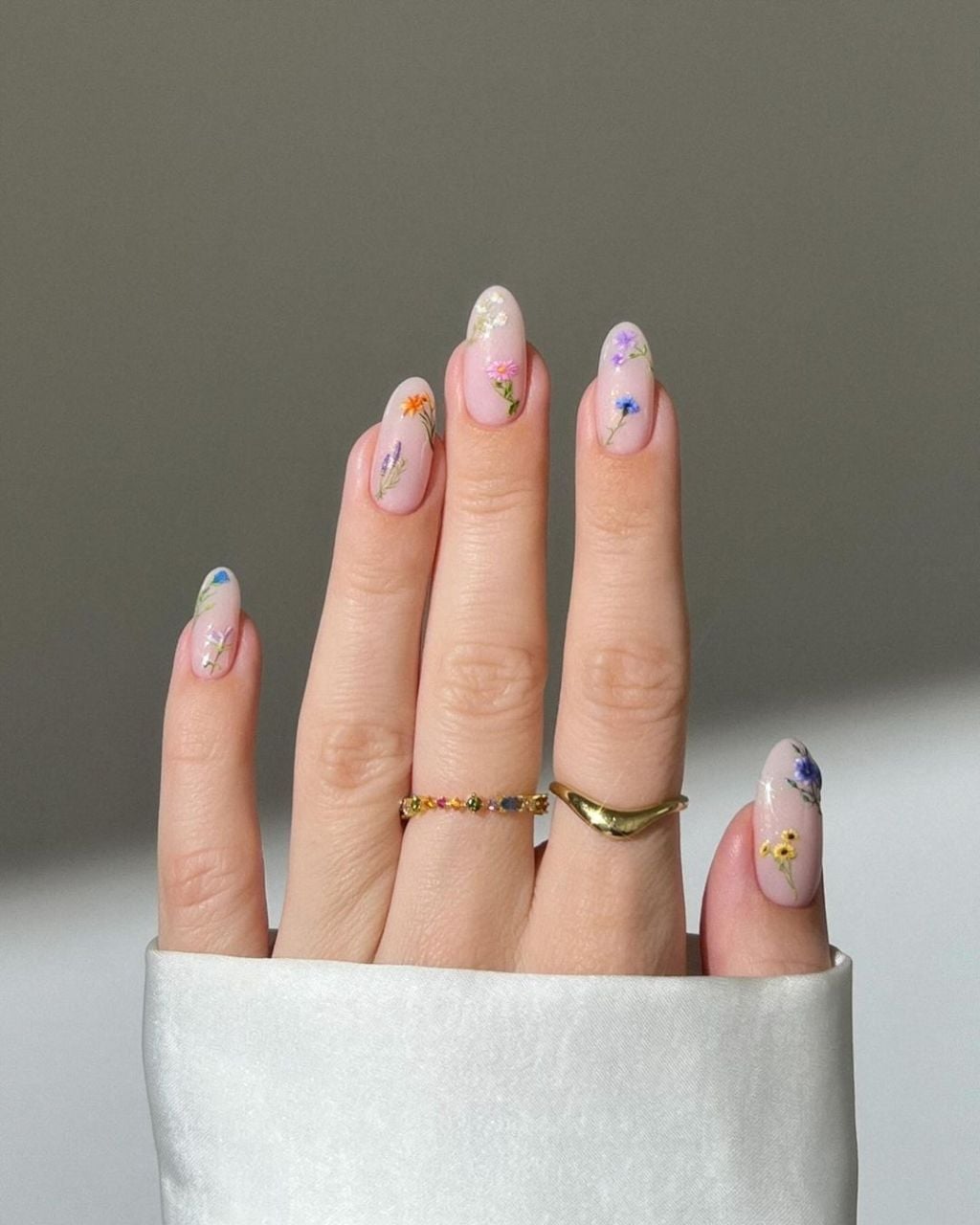 Nude Base with Pressed Flower Short Almond Nails — Best Gel Nails