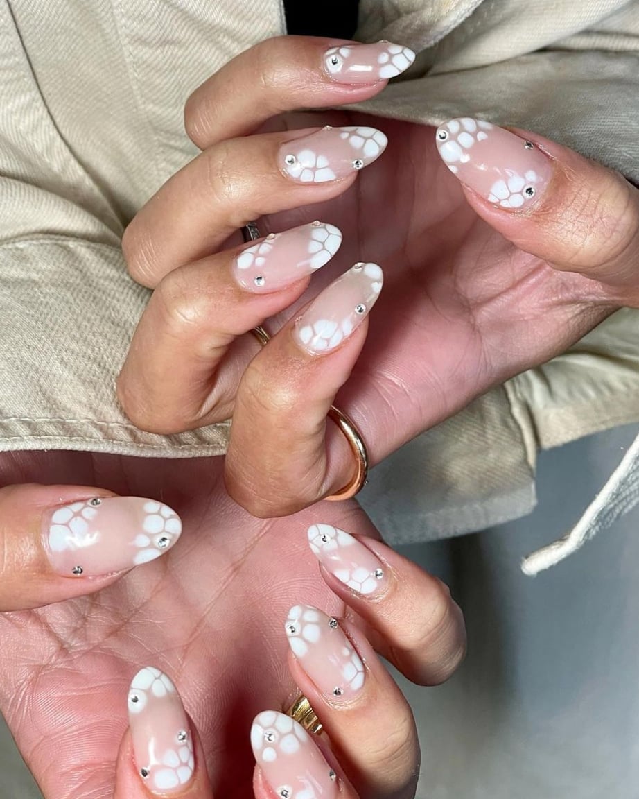 Nude Base with White Floral Rhinestone Decals — Best Gel Nails