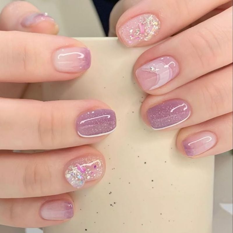 Pink to Lavender Gradient Glitter Short Square Nails — Best Gel Nails