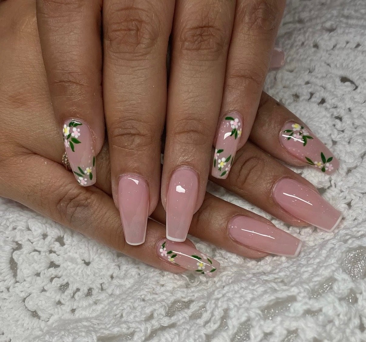 Long Coffin French Tip with Floral Art — Best Gel Nails
