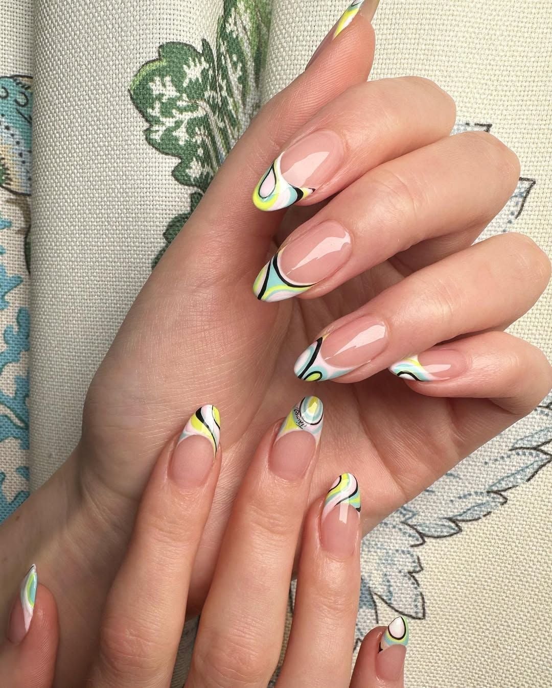 Long Almond Swirl Neon French Tips — Best Gel Nails