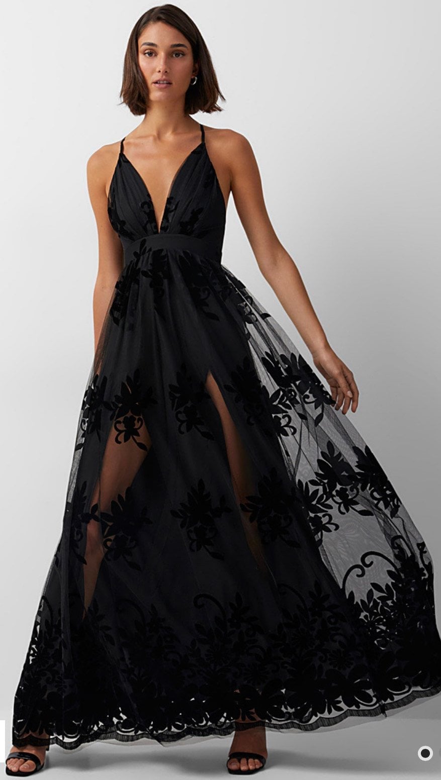 Black maxi dress with velvet floral applique on sheer skirt Black maxi dress with velvet floral applique on sheer skirt — Black Tie Dresses
