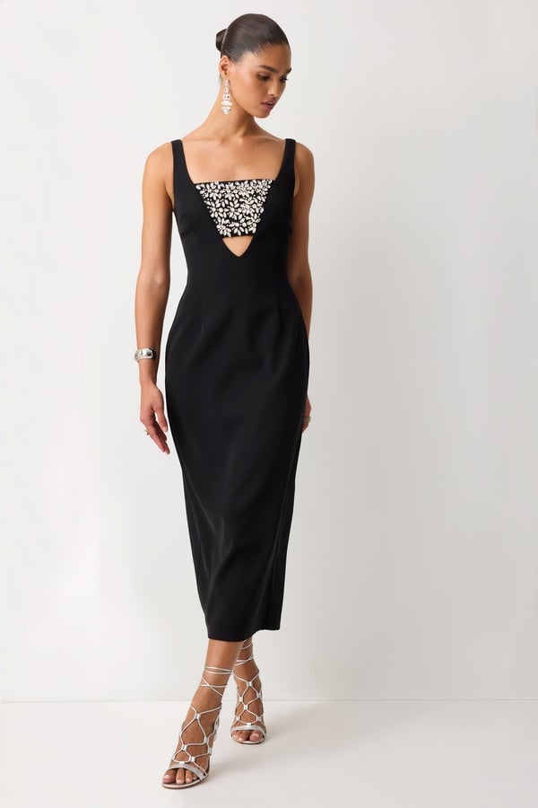 Fitted black midi dress with embellished neckline cutout Fitted black midi dress with embellished neckline cutout — Black Tie Dresses