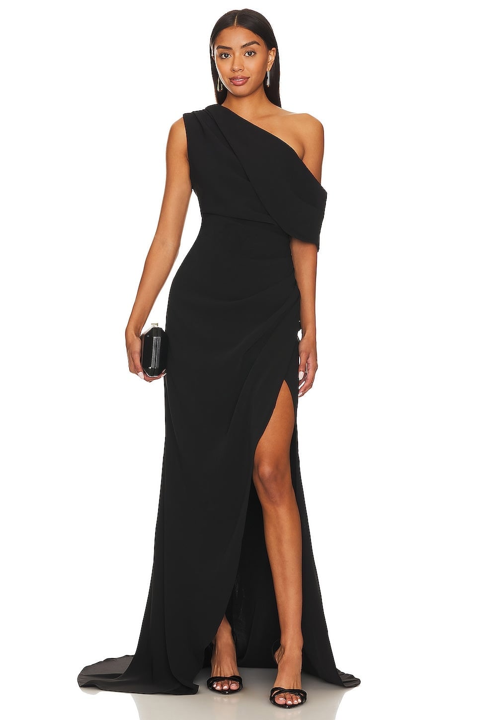 Black one-shoulder crepe gown with draped neckline Black one-shoulder crepe gown with draped neckline — Black Tie Dresses