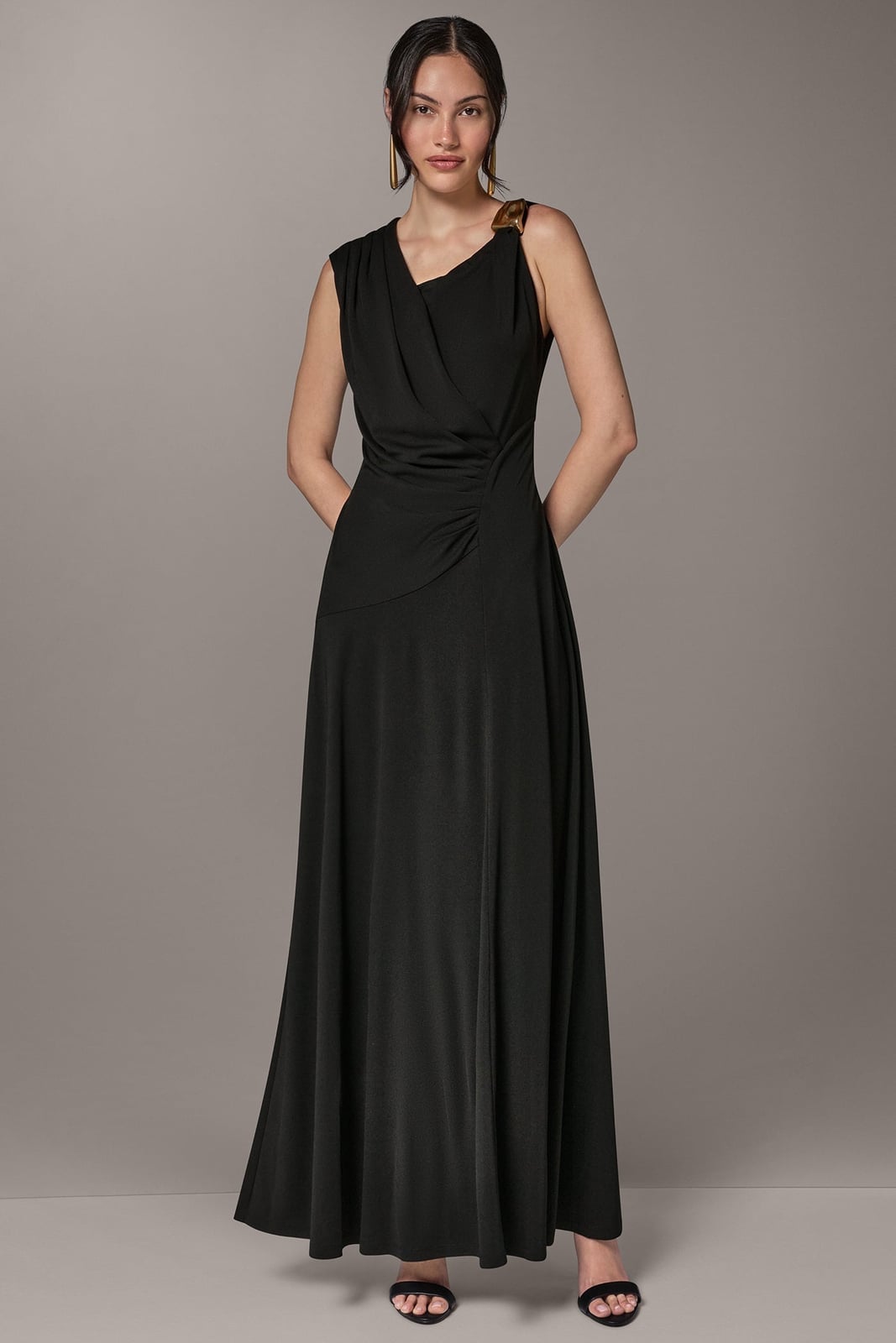 Black sleeveless maxi dress with asymmetrical neckline, Close-Up Take Black sleeveless maxi dress with asymmetrical neckline, Close-Up Take — Black Tie Dresses