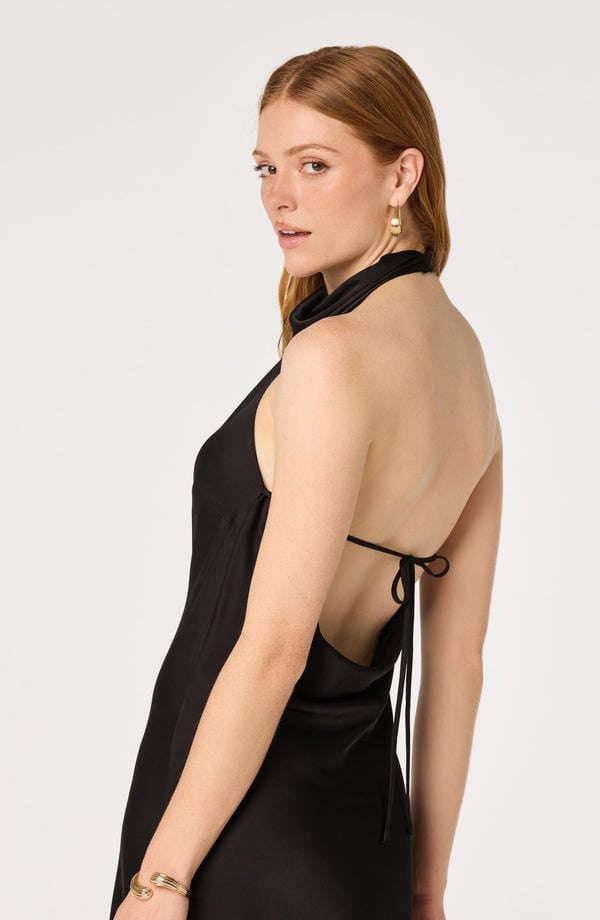 Black satin halter neck dress with tie-back detail, Gold Hoop Earrings Black satin halter neck dress with tie-back detail, Gold Hoop Earrings — Black Tie Dresses
