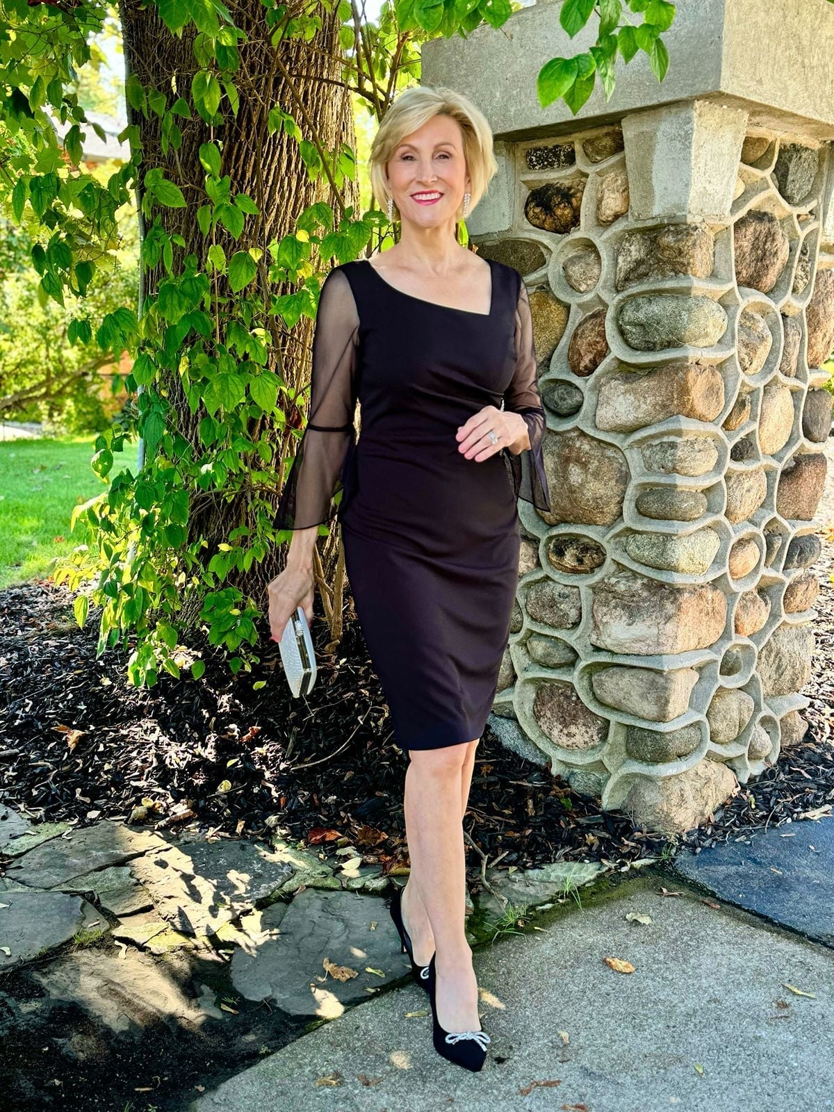 Black ruched dress with asymmetrical neckline and sheer sleeves Black ruched dress with asymmetrical neckline and sheer sleeves — Black Tie Dresses