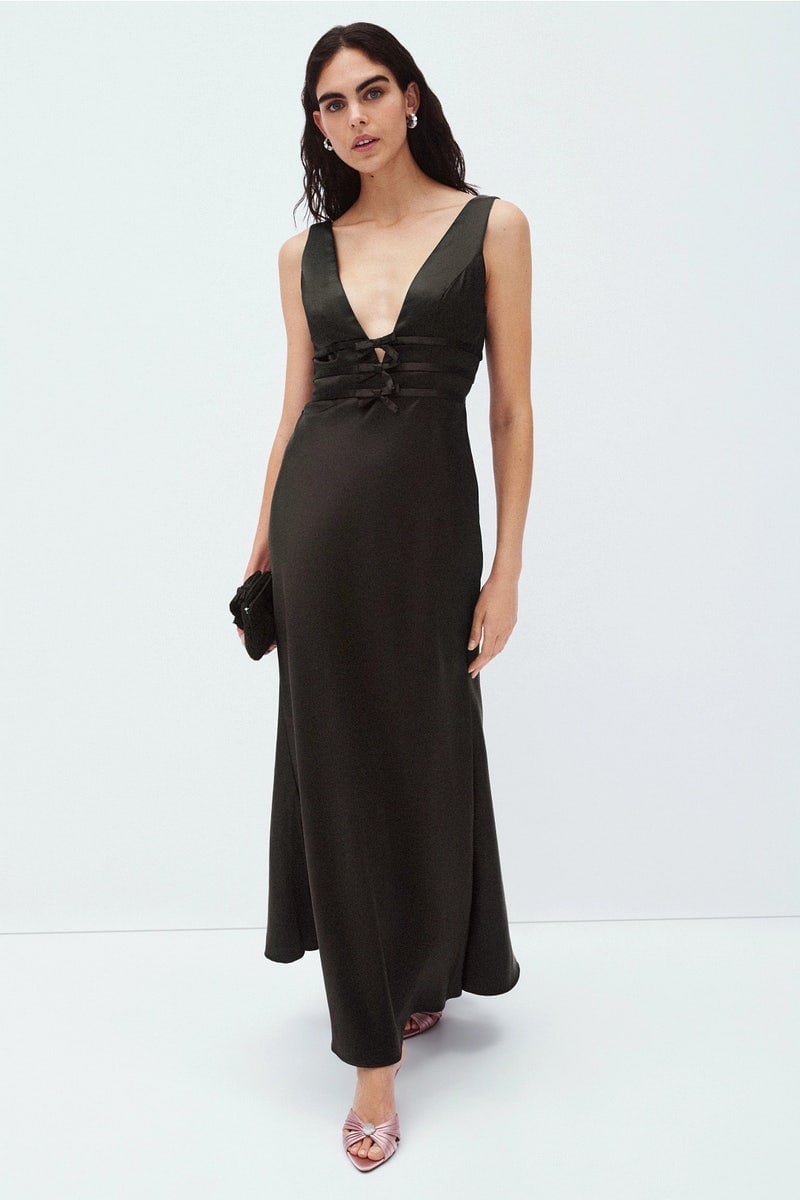 Dark gray satin plunging neckline dress with waist cutout Dark gray satin plunging neckline dress with waist cutout — Black Tie Dresses