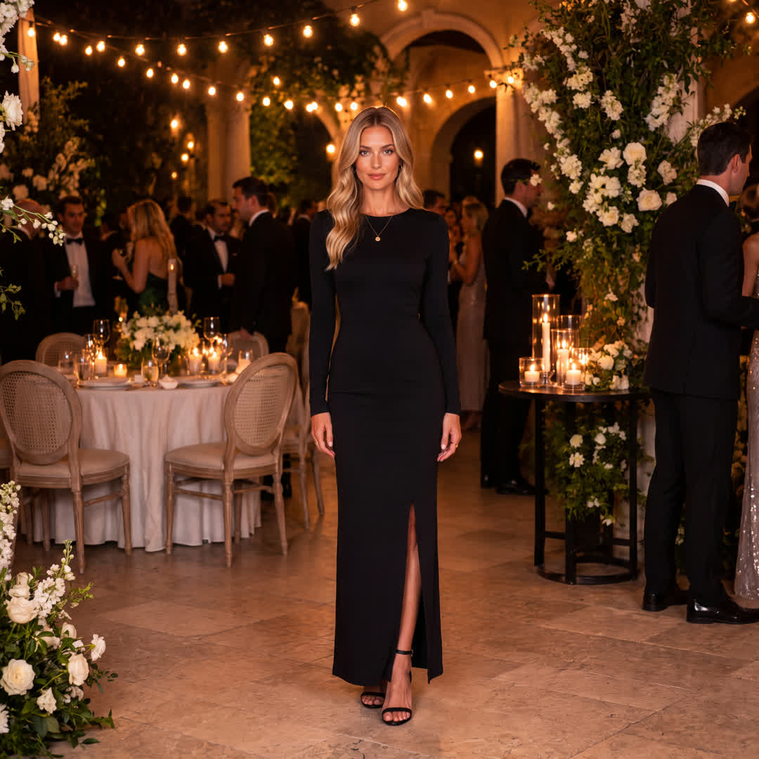 Black long-sleeved crepe dress with high slit Black long-sleeved crepe dress with high slit — Black Tie Dresses