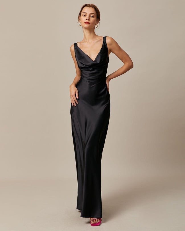 Black Satin Slip Dress With Cowl Neck Black Satin Slip Dress With Cowl Neck — Black Tie Outfits