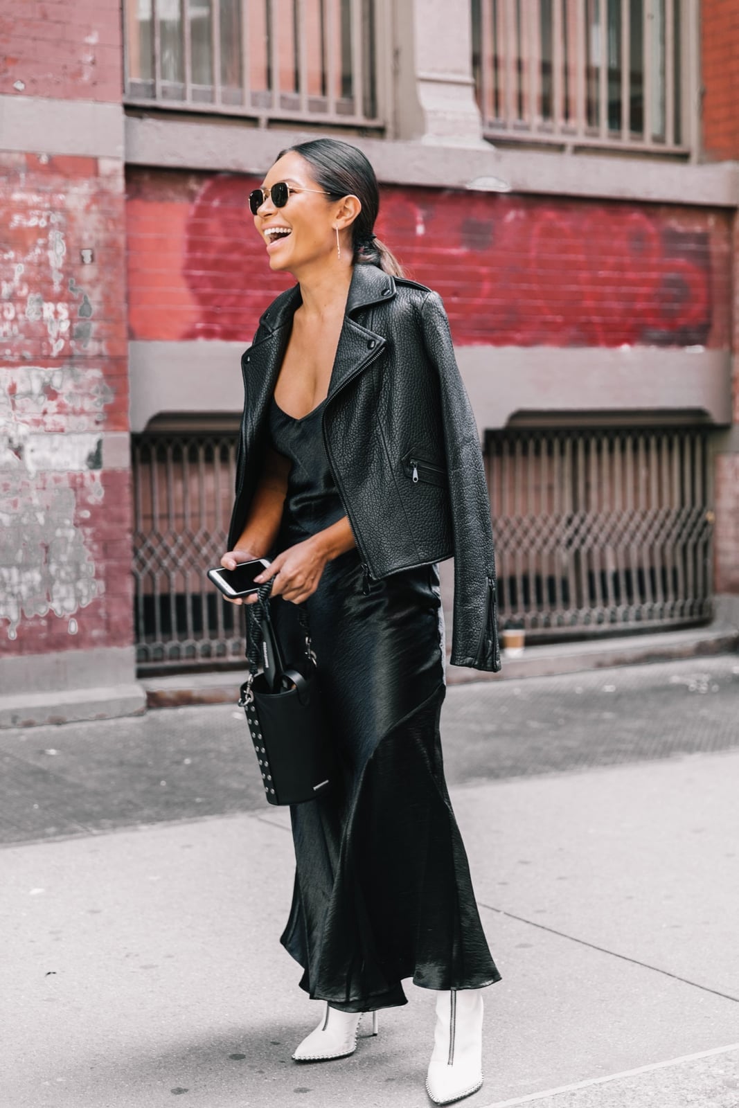 Leather Jacket Over Silk Slip Dress Leather Jacket Over Silk Slip Dress — Black Tie Outfits