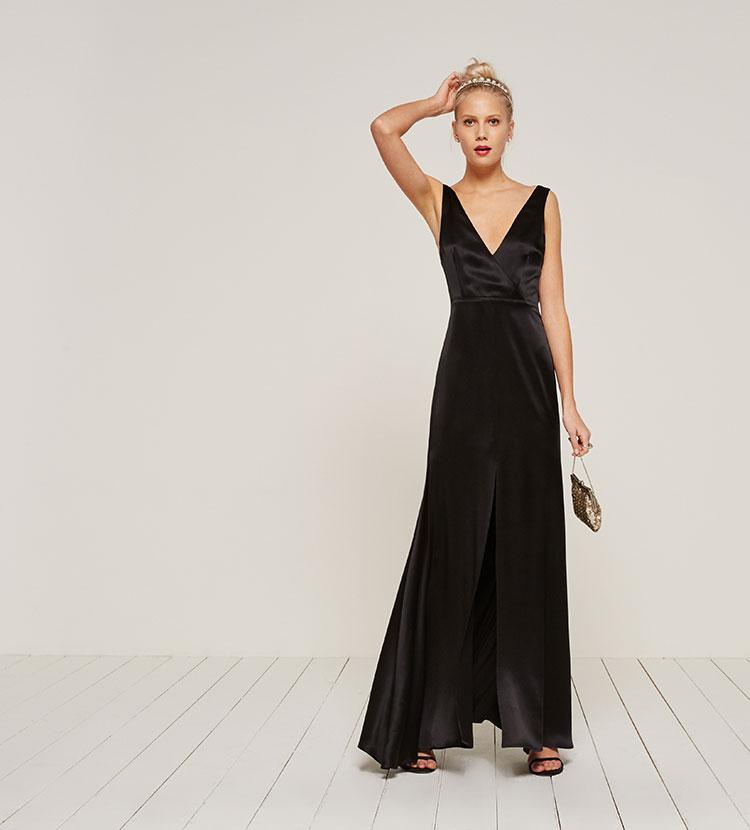 Black Satin Maxi Dress With High Slit Black Satin Maxi Dress With High Slit — Black Tie Outfits