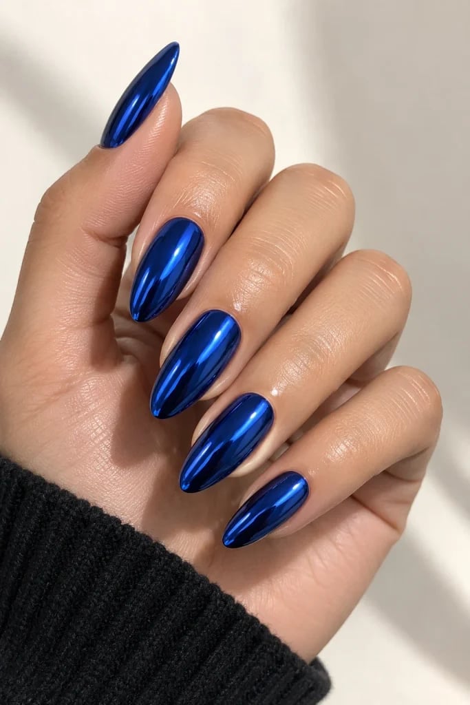Vibrant Deep Blue Chrome Long Almond Nails — Blue Chrome Nails