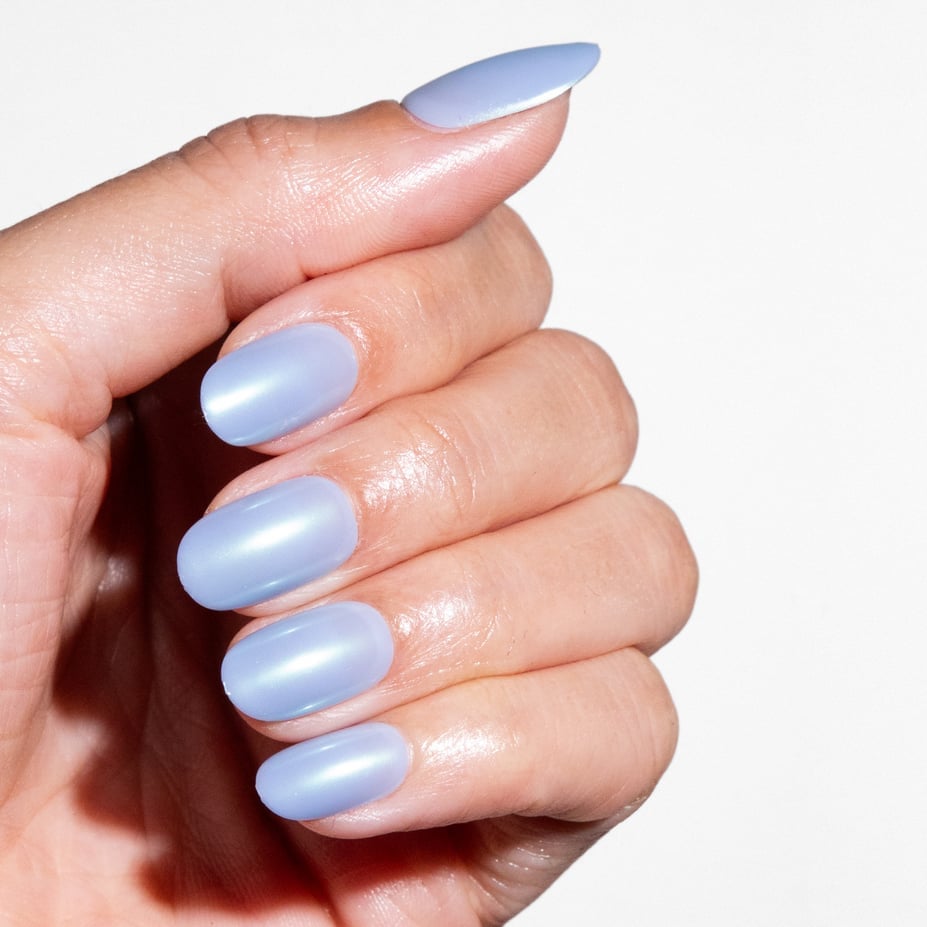 Light Blue Pearlescent Chrome Short Almond Nails, Full Color — Blue Chrome Nails