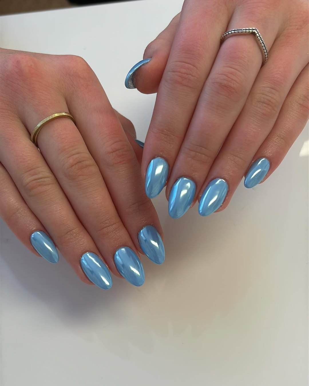 Light Blue Chrome Medium Oval Nails — Blue Chrome Nails