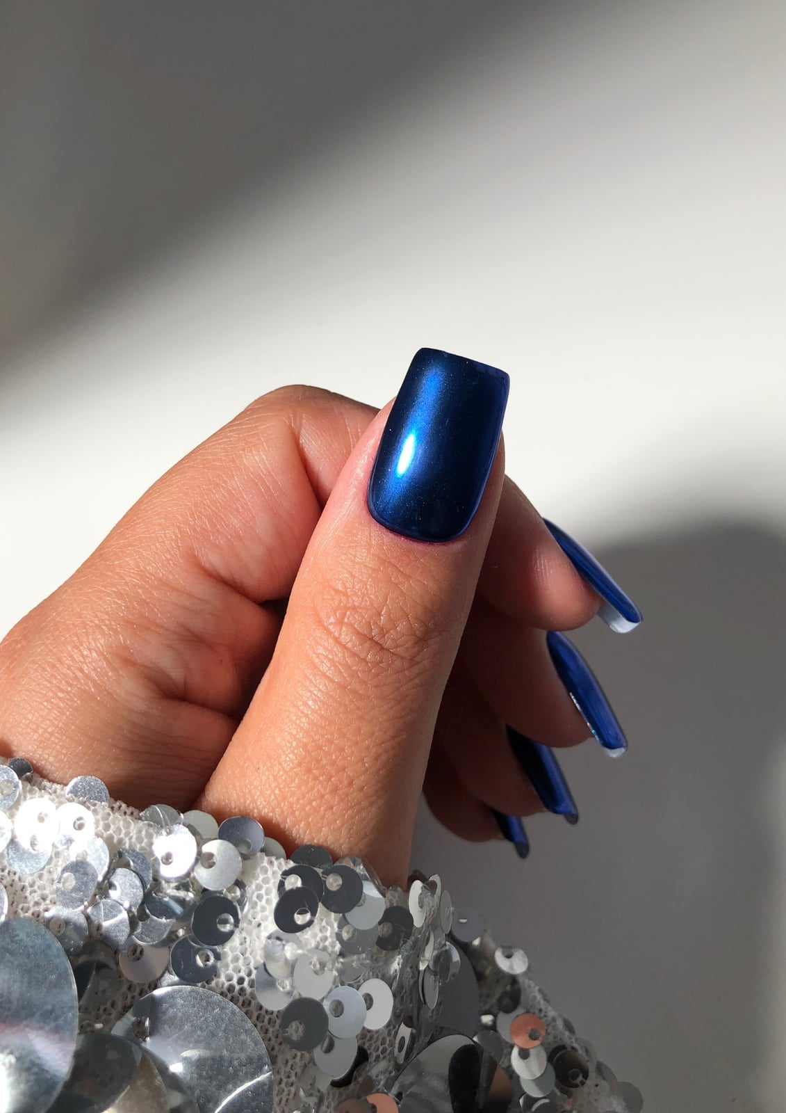Deep Blue Chrome Medium Square Nails — Blue Chrome Nails