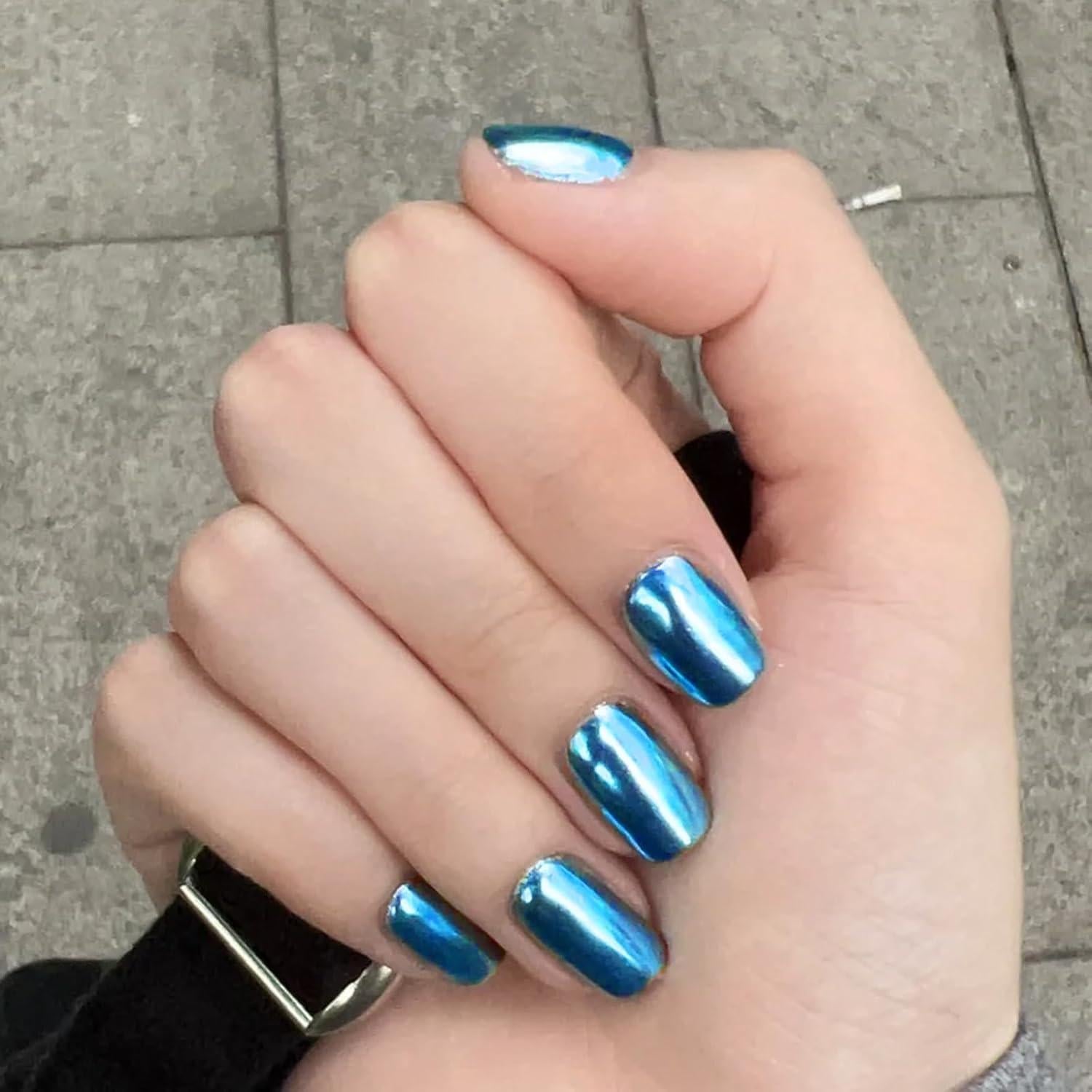 Deep Blue Chrome Medium Oval Nails — Blue Chrome Nails