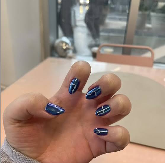 Deep Blue Chrome Almond Nails with White Lines — Blue Chrome Nails