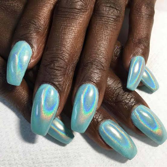 Vibrant Blue Chrome Medium Almond Nails — Blue Chrome Nails