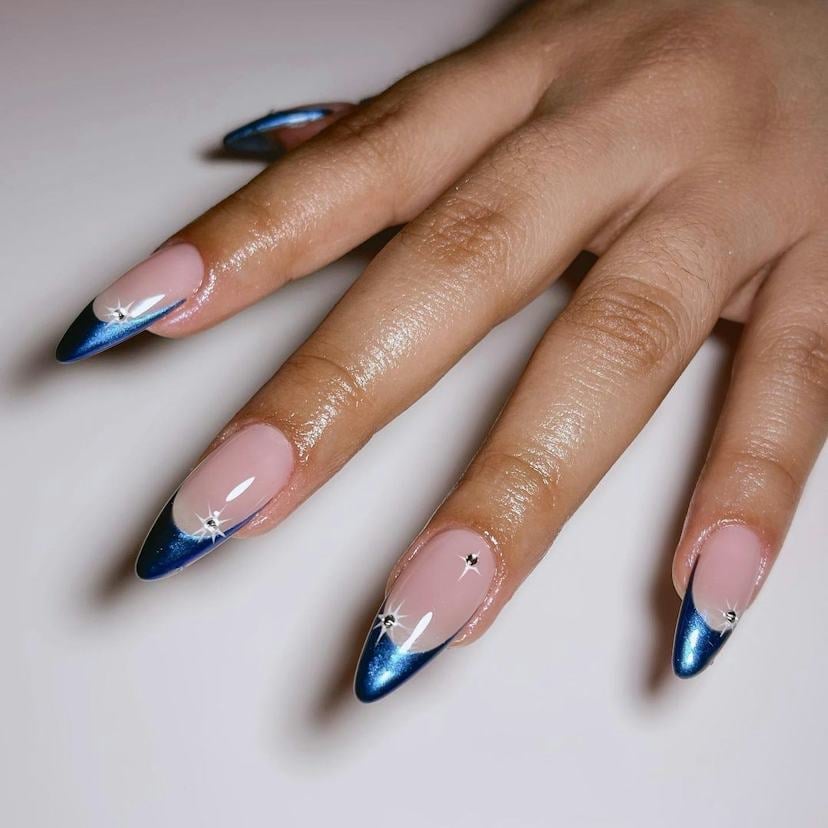 Blue Chrome French Tip Long Almond Nails with Rhinestones — Blue Chrome Nails
