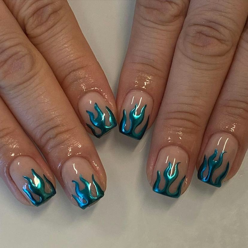 Light Blue Chrome French Tip Short Square Nails — Blue Chrome Nails