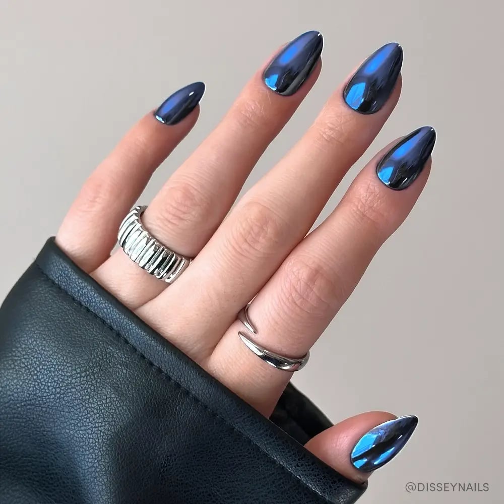 Deep Blue Chrome Long Stiletto Nails — Blue Chrome Nails