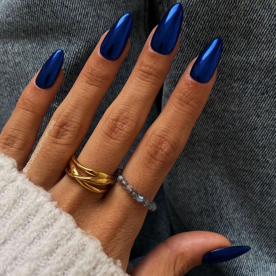 Vibrant Royal Blue Chrome Long Stiletto Nails — Blue Chrome Nails