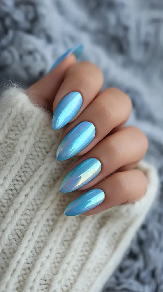 Long Stiletto Teal Chrome Nails with Spheres — Blue Chrome Nails