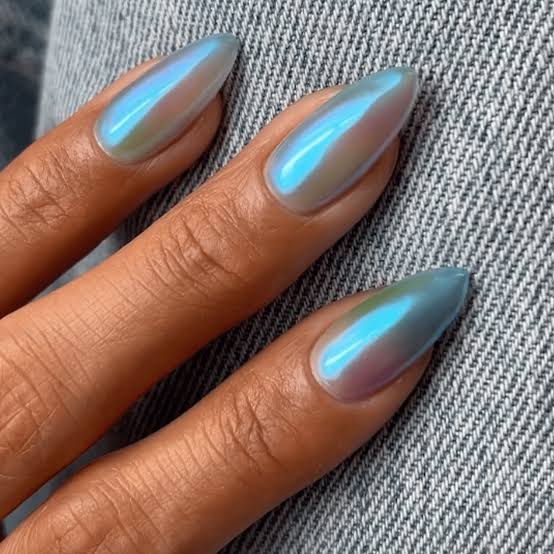 Icy Blue Iridescent Chrome Medium Almond Nails — Blue Chrome Nails