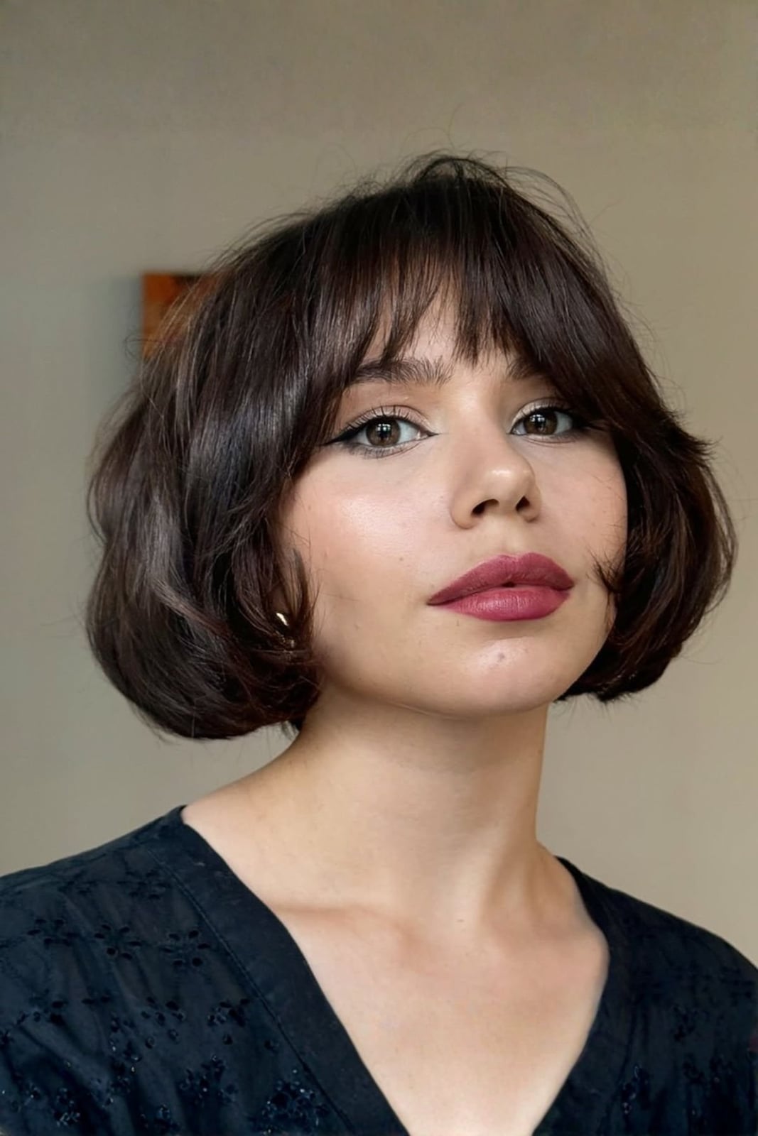 Dark Brown Blunt Bob With Full Fringe