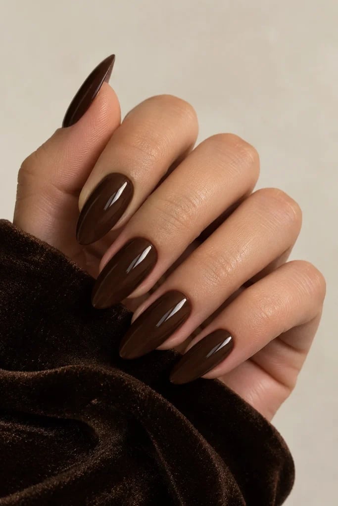 Long Almond Nails in Deep Espresso Brown Gloss — Brown Almond Nails