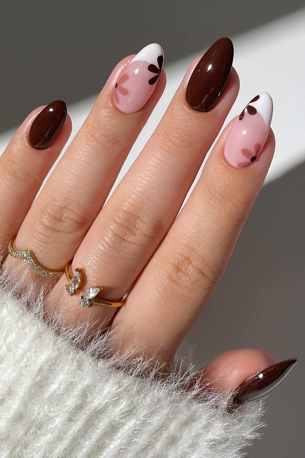 Medium Almond Nails with Floral and French Accents — Brown Almond Nails