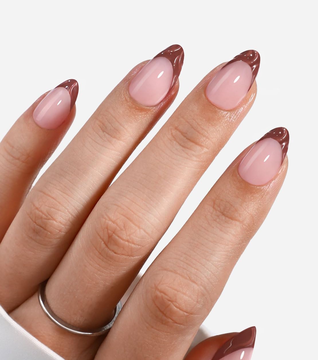 Medium Almond Nails with Sheer Pink and Brown French Tips — Brown Almond Nails
