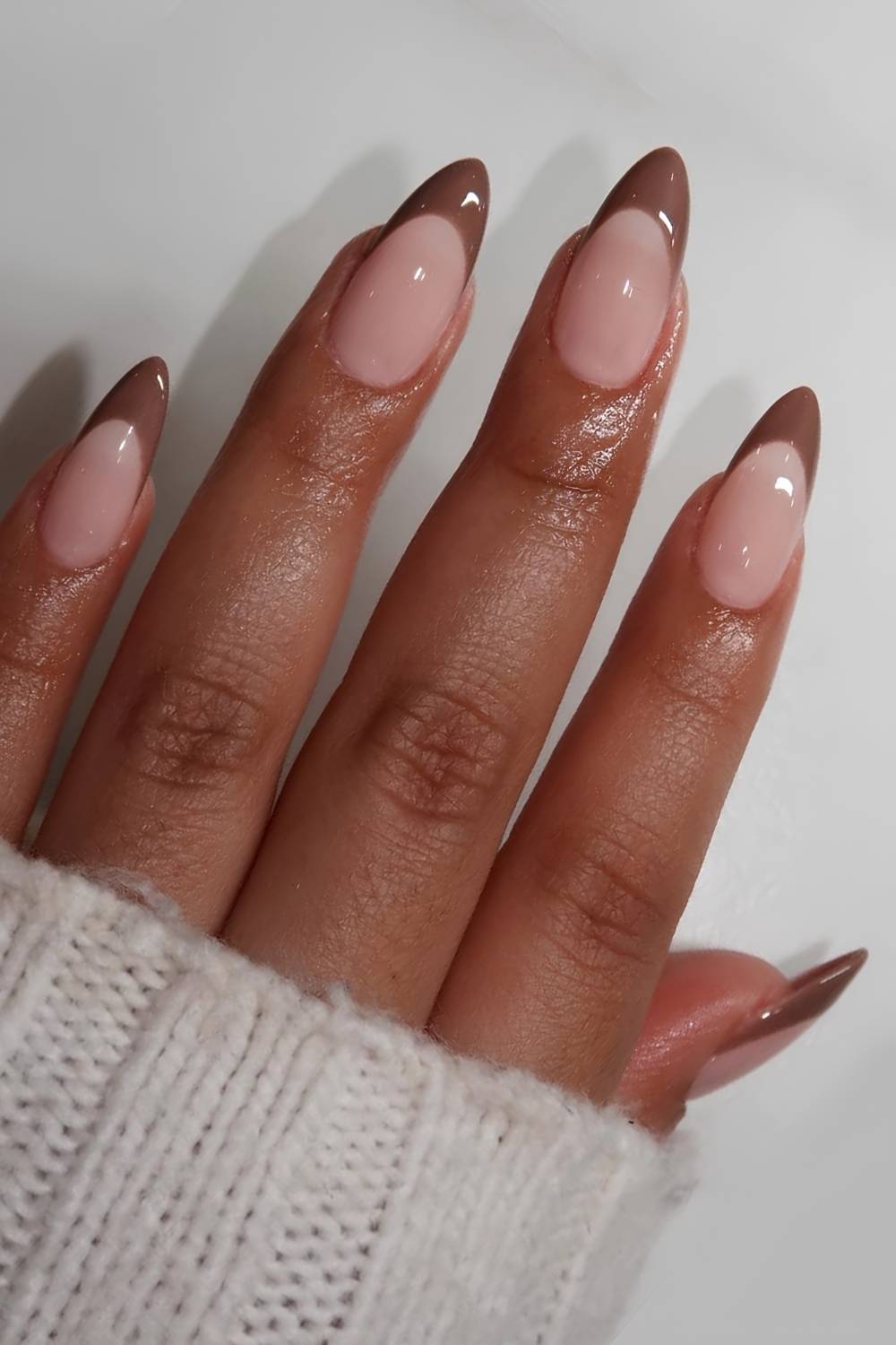 Medium Almond Nails with Opaque Brown French Tips, миндаль — Brown Almond Nails