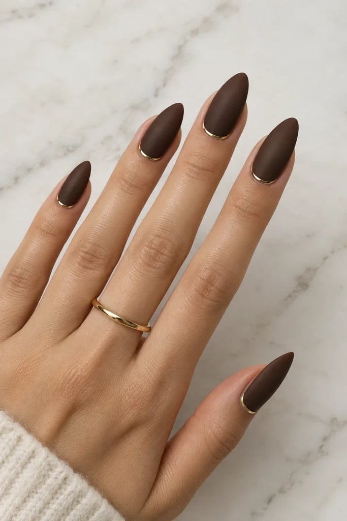 Medium Almond Nails with Matte Dark Brown and Gold Line — Brown Almond Nails