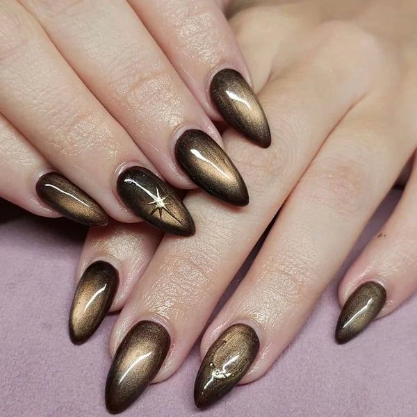 Medium Almond Nails with Metallic Brown Cat-Eye — Brown Almond Nails