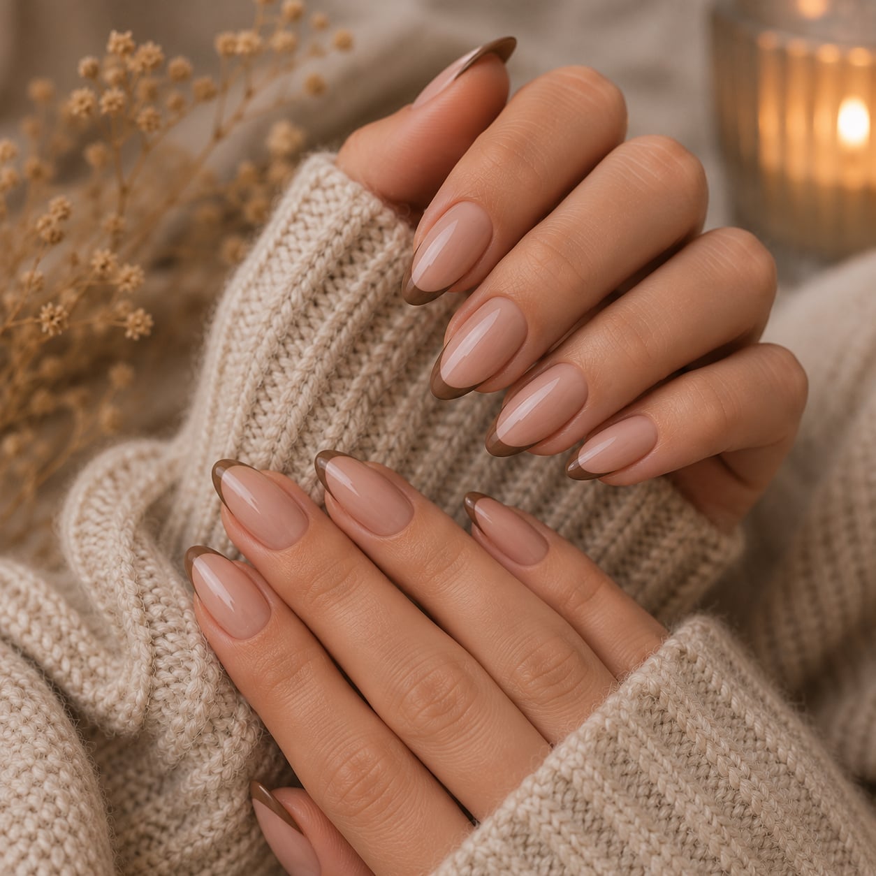 Medium Almond Nails with Delicate Brown French Tips — Brown Almond Nails