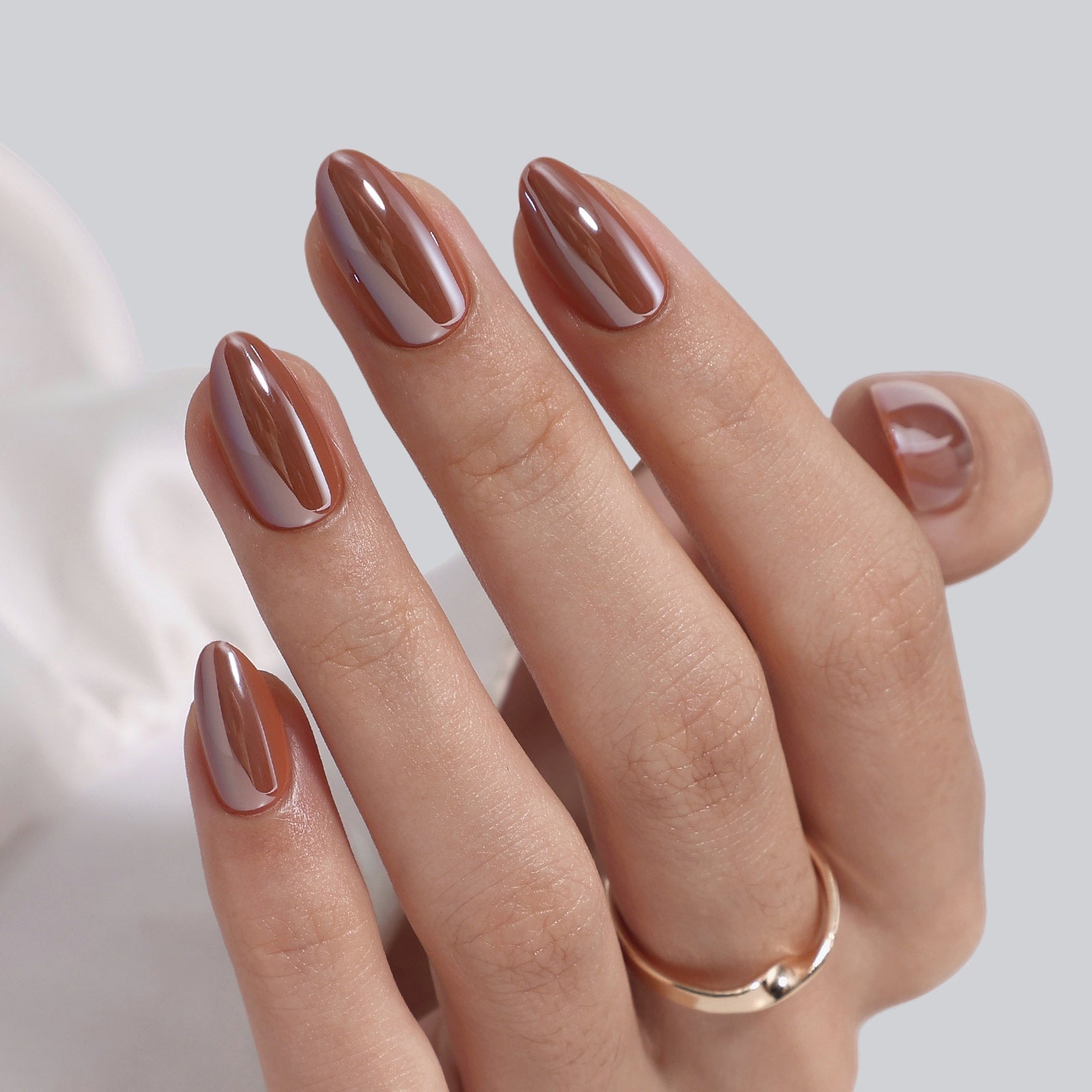 Short Almond Nails in Chocolate Brown Chrome — Brown Almond Nails