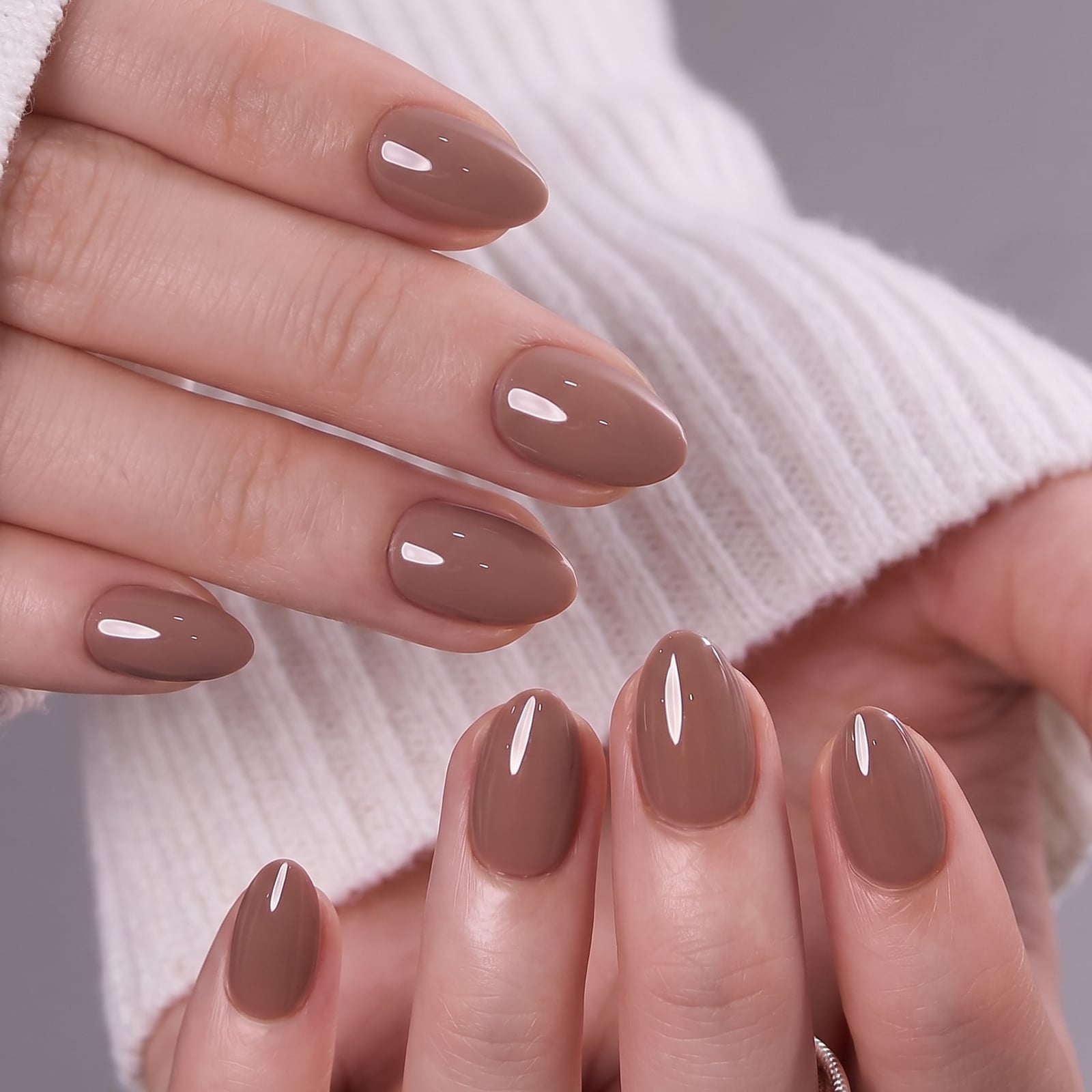 Short Almond Nails in Solid Medium Brown Gloss, Close-Up Take — Brown Almond Nails