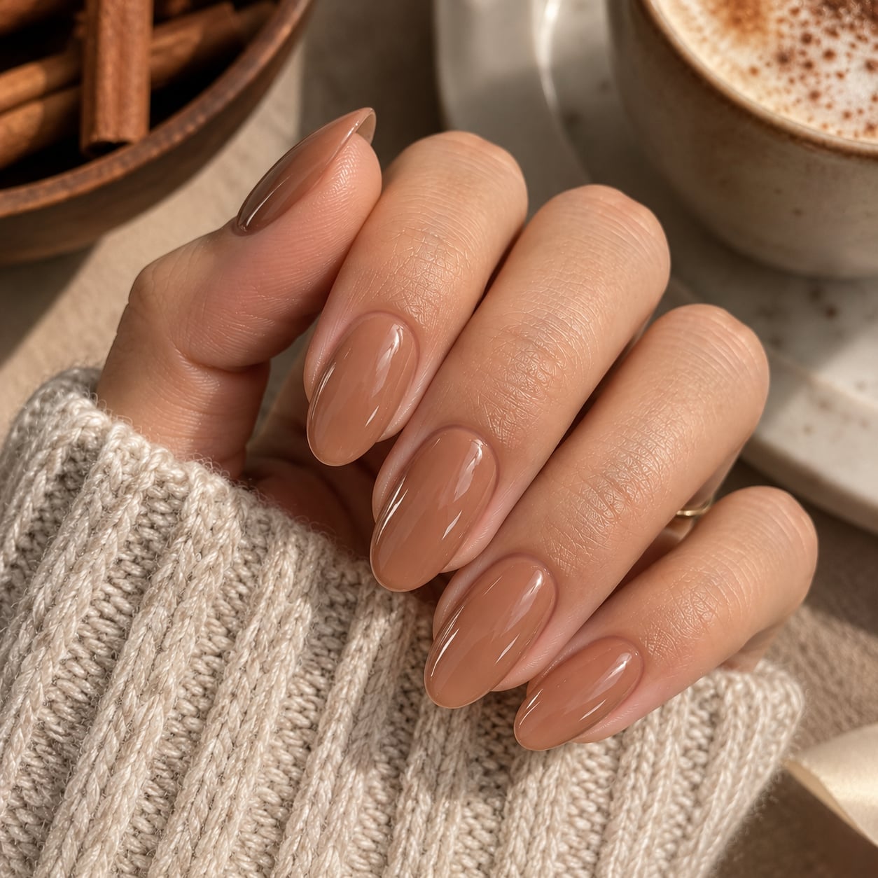 Short Almond Nails in Rich Glossy Brown — Brown Almond Nails