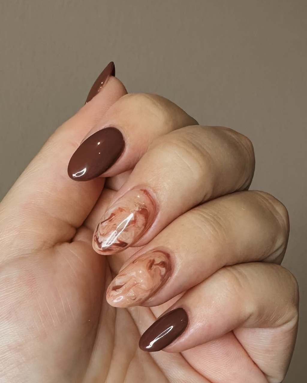 Medium Almond Nails with Marbled Brown Design — Brown Almond Nails