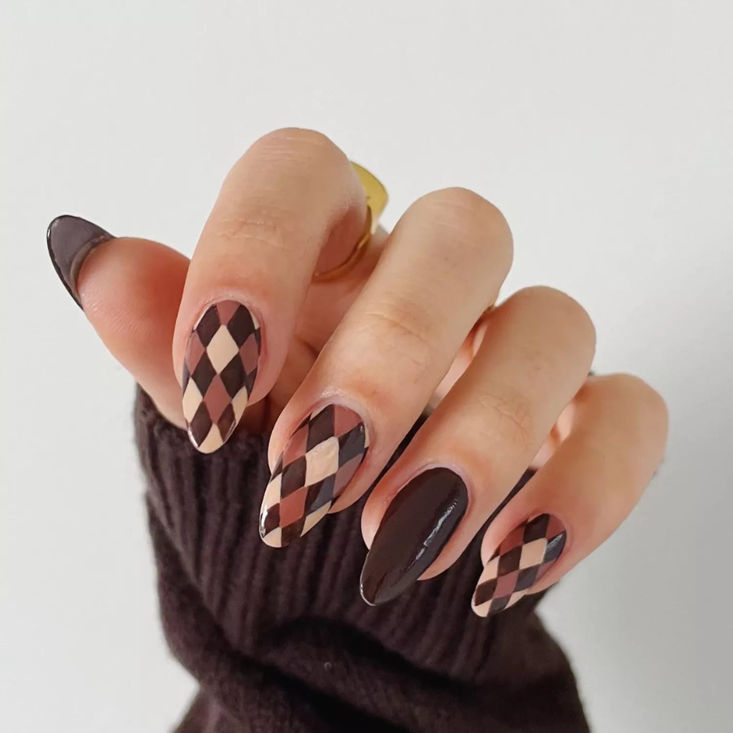 Brown Checkerboard Pattern Medium Almond Nails — Brown Almond Nails