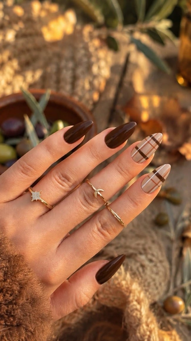 Medium Almond Nails with Plaid Accent Design — Brown Almond Nails