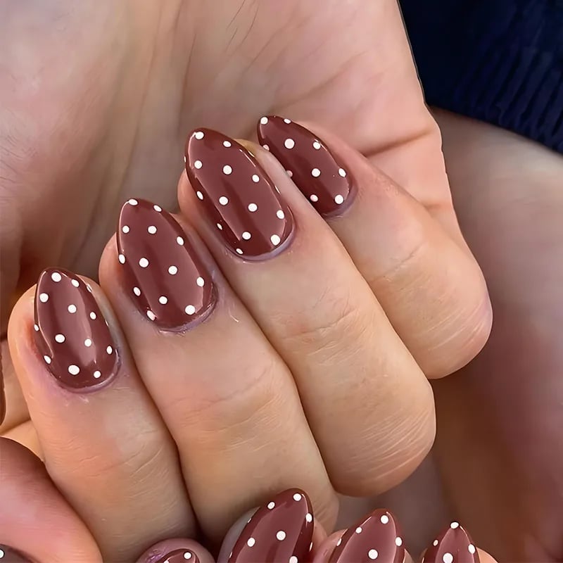 Medium Almond Nails with All-Over White Polka Dots — Brown Almond Nails