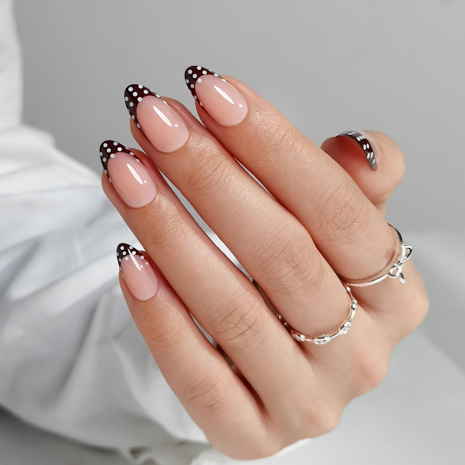 Nude Almond Nails with Brown French Tips and Polka Dots — Brown Almond Nails