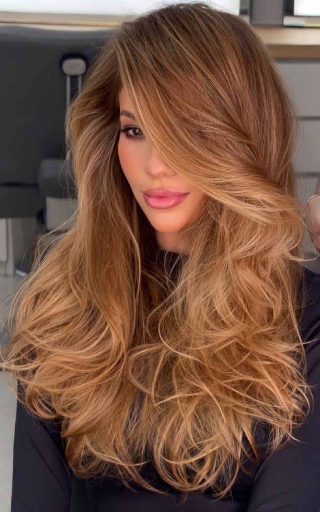 Warm Caramel Bronde With Butterfly Layers — Caramel Brown Hair