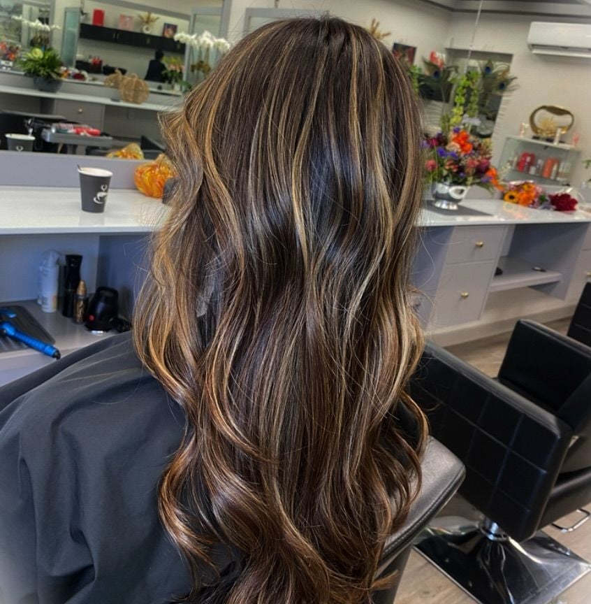 Dark Brown With Caramel Highlights Voluminous Waves — Caramel Brown Hair