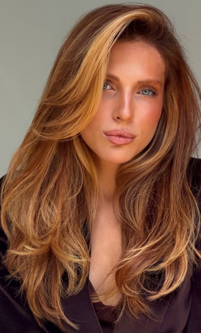 Golden Caramel Brown With Blonde Money Piece — Caramel Brown Hair
